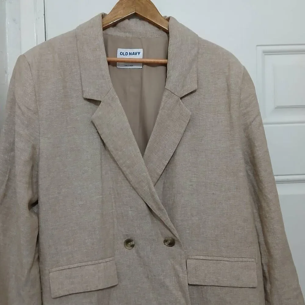 Old navy womens large linen viscose sand tan double Breasted blazer jacket